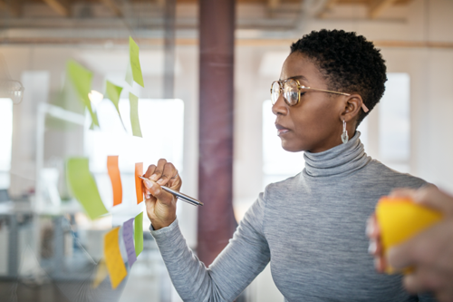 Confident mid adult businesswoman writing new ideas onto a adhesive note over a glass wall. Business people brainstorming using sticky notes.