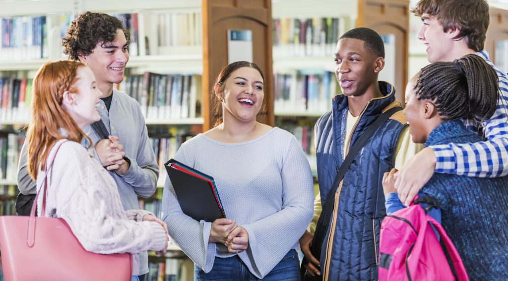 A multi-ethnic group of six high school students, 15 to 17 years old, standing together in a library conversing. They are all looking toward the African-American girl on the right, smiling. The girl in the middle is mixed race Hispanic and Caucasian.